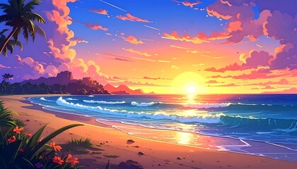Vibrant sunset beach scene