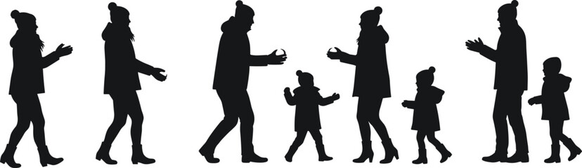 family winter silhouette, children playing snow, parents with kids, snowball fight, cold weather activity, holiday outdoor fun, black silhouette vector illustration