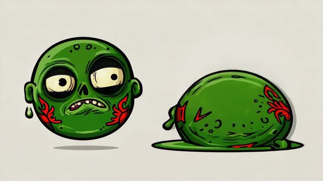 Cute Green Zombie Head Character Front and Back - Cartoon Halloween Emoji Mascot for Games, Stickers, and App Icons