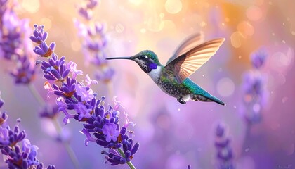 Fototapeta premium Hummingbird hovers by lavender