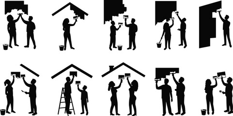 people painting house silhouette, teamwork renovation, home improvement project, family decorating wall, construction work, repair maintenance, black silhouette vector illustration