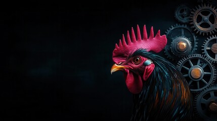Intricate Steampunk Rooster with Mechanical Gears and Pink in a Dark Artistic Style for Creative Design and Concept Art Illustration