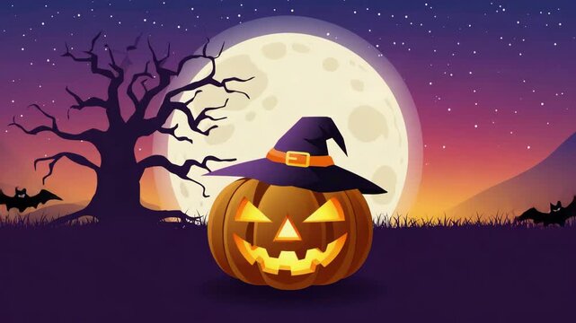 Spooky Halloween Jack O'Lantern with a Witch Hat Glowing under a Full Moon and Starry Night Sky