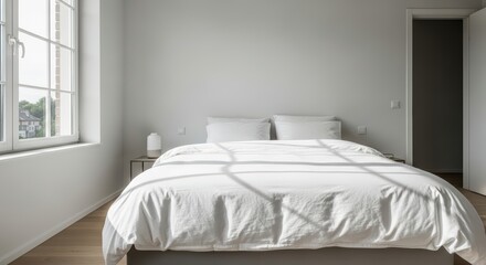 Obraz premium Minimalist bedroom with double bed and natural light through large window