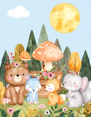 Obraz premium Cute forest animals under a big moon
