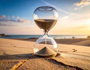 A classic hourglass measuring the passing moments on a tranquil sandy shore as the sun sets over the ocean