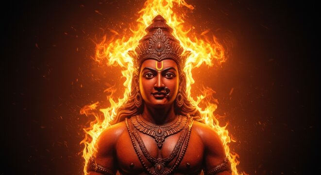 A stunning image of Agni, the Hindu God of Fire, depicted with intense flames surrounding him. His form radiates power, energy, and divine force, emphasizing his role as a key figure in Hindu rituals 