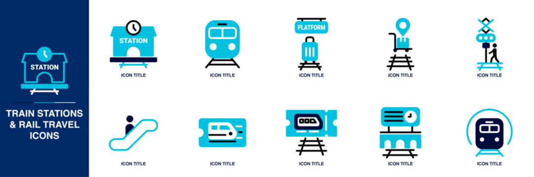Train Stations and Rail Travel Blue Colored Outline Icon Set