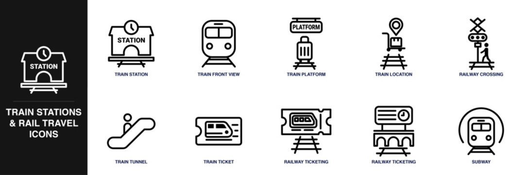 Train Stations and Rail Travel Line Icon Set