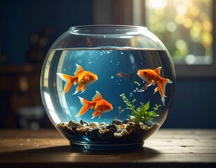 Vibrant orange goldfish swimming gracefully in a sunlit glass fishbowl, creating a tranquil domestic scene on a wooden table