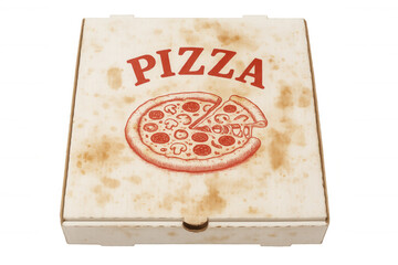 Greasy pizza box featuring red logo, resting on transparent background