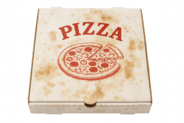 Greasy pizza box featuring red logo, resting on transparent background