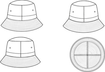 Bucket hat design, CAD drawing flat vector illustration, fashion accessory template, headwear outline, apparel sketch, technical clothing vector, pattern