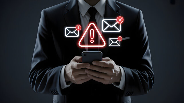 Business professional navigating urgent alerts on smartphone with glowing icons - Powered by Adobe