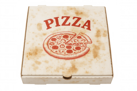 Greasy pizza box featuring red logo, resting on transparent background