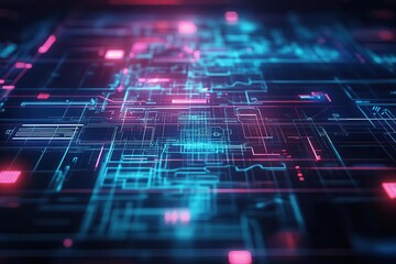 Abstract futuristic digital technology background with interconnected glowing circuitry and neon lines in blue and pink hues representing innovation and data flow