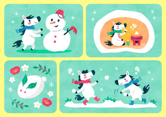馬（午）のカードイラスト 雪遊び（雪だるま・かまくら・雪合戦・雪うさぎ） 水彩風