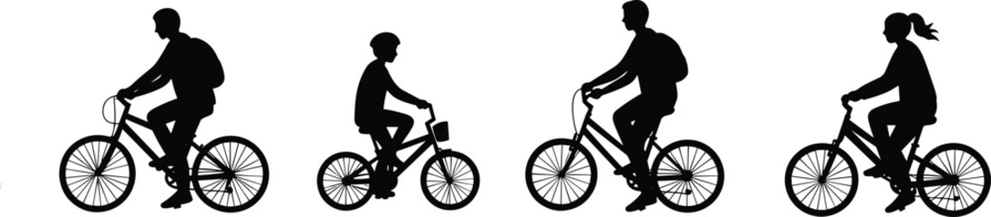 Family cycling silhouette, parents and children riding bicycles, outdoor activity, healthy lifestyle, teamwork, exercise, fitness, bonding, togetherness, sport, recreation, travel