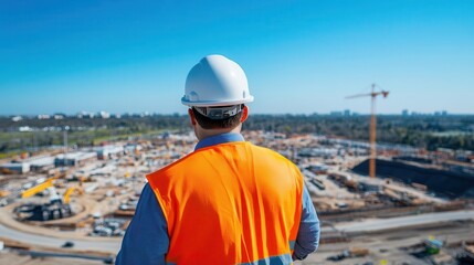 Worker in safety helmet and reflective vest overlooking a large construction site with cranes and buildings under development on a clear day