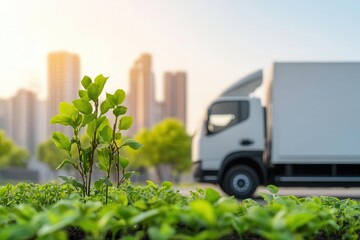 Green plant growing in a lush field with urban cityscape background featu tall buildings and a moving delivery truck du sunny daytime