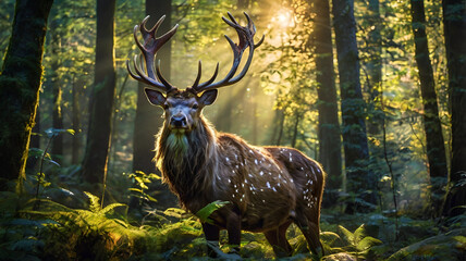  Majestic fantasy stag with glowing neon-green fur, intricate luminous markings across its body