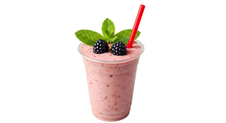 Refreshing blackberry smoothie in a plastic cup with mint leaves and a red straw against a perfect for healthy eating ads on transparent background