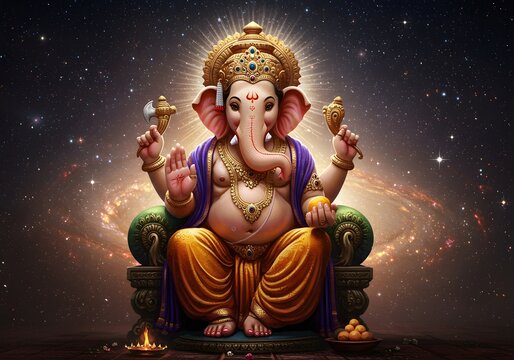 Colorful Ganesha Idol Sitting on Ornate Throne with Golden Accents and Cosmic Background