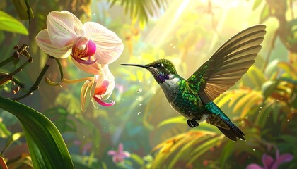 Fototapeta premium Hummingbird sips orchid nectar