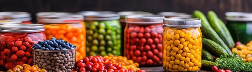Colorful assortment of glass jars filled with fresh vibrant berries and vegetables in a rustic kitchen display for healthy food, organic produce, and farm-to-table lifestyle