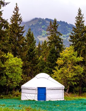 A serene yurt nestled within a lush forest, bathed in soft natural light, sits peacefully against a backdrop of misty mountains.