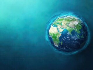 Artistic depiction of planet Earth surrounded by a glowing blue atmosphere with detailed land and ocean features, symbolizing environmental awareness and global connection