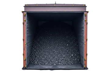 Open freight train car filled with a large pile of coal isolated on a transparent background