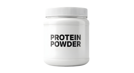 White protein powder container against a for fitness and nutrition product marketing and advertising campaigns on transparent background
