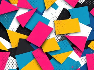 Bright colorful geometric paper shapes including rectangles squares triangles and abstract forms in vibrant pink blue yellow black and white on playful background