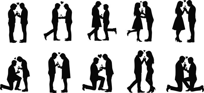 Romantic couple silhouette, proposal moment, engagement ring, love, marriage, relationship, happiness, commitment, romantic scene, man woman proposal