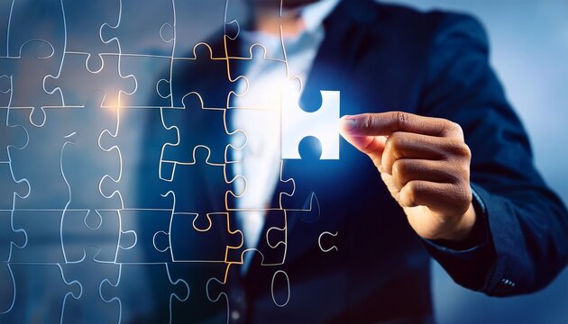 Developing business growth strategy. Finding solution to problem.Connecting last jigsaw puzzel 