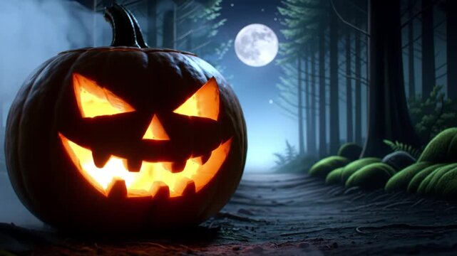 Halloween background with pumpkins and haunted house - 3D render. Halloween background with Evil Pumpkin. Spooky scary dark Night forrest. Holiday event halloween banner background concept