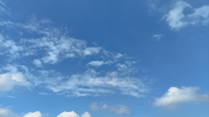 Beautiful clear blue sky with scattered white clouds, symbolizing freedom, freshness, peace, and nature. Perfect for backgrounds, web design, posters, presentations, or educational materials