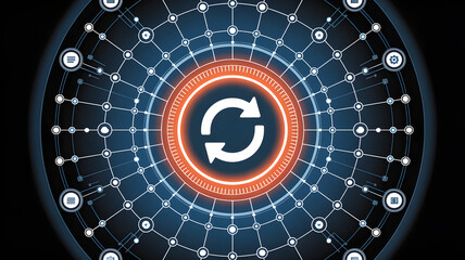 Dynamic circular network with refresh icon signifies data flow and digital connection