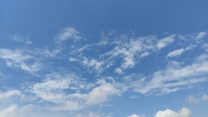 Beautiful clear blue sky with scattered white clouds, symbolizing freedom, freshness, peace, and nature. Perfect for backgrounds, web design, posters, presentations, or educational materials