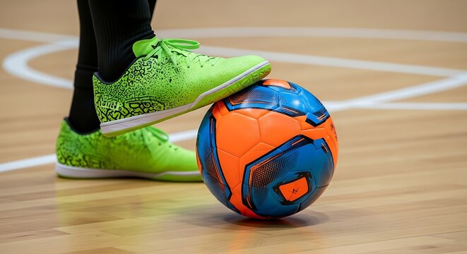 A foot in a bright green shoe rests on a colorful futsal ball on a polished wooden court.