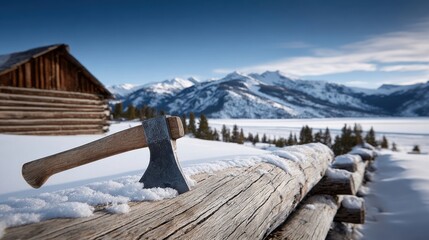 Axe in log fence in snowy winter landscape with mountains, frozen lake, and rustic cabin