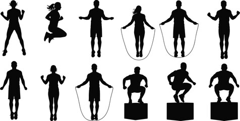 Silhouette people doing jump rope, skipping exercise, plyometric training, fitness workout, cardio activity, endurance, agility, sport, strength, healthy lifestyle
