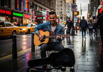 A cheerful young street musician passionately plays his acoustic guitar for tips on a bustling, rain-slicked city sidewalk at twilight