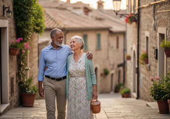 An affectionate multiethnic senior couple enjoying their retirement with a romantic walk in a quaint European village