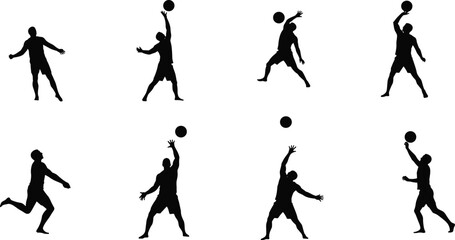 Silhouette volleyball player jumping, hitting ball, spike serve action, sports fitness game, athlete training, beach volleyball match, competitive team play