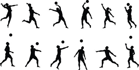 Silhouette volleyball players jumping, hitting ball, serving, spiking, action training, sports fitness, competitive match, beach volleyball game, athletic movement