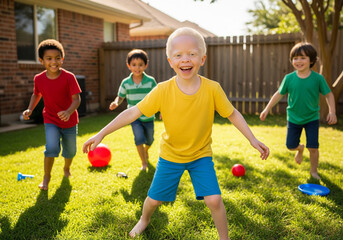 Joyful moment of diverse children playing together, showcasing friendship and inclusion in a sunny backyard setting