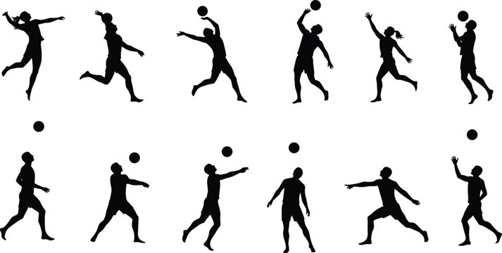 Silhouette volleyball players jumping, hitting ball, serving, spiking, action training, sports fitness, competitive match, beach volleyball game, athletic movement - Powered by Adobe