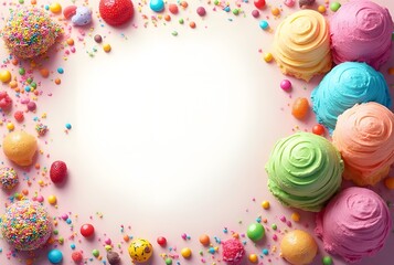 Rainbow Scoops Half-View Concept: Overhead shot of rainbow-colored scoops styled on one half of the image, with candy, sprinkles, and fruit toppings displayed for a playful menu design.